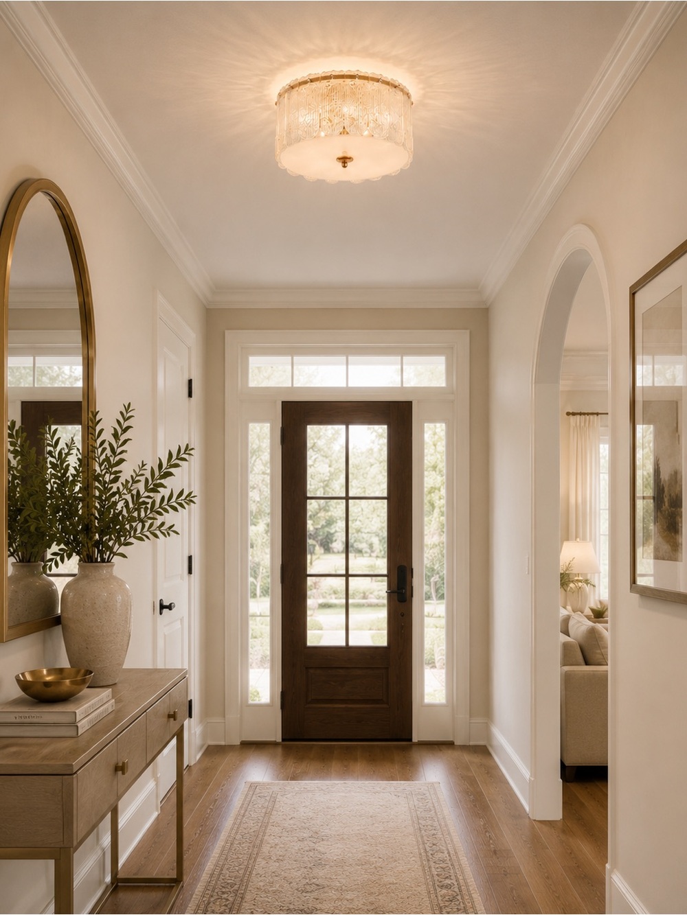 Textured Glass Semi Flush Mount Ceiling Light Brass Crystal Chandelier